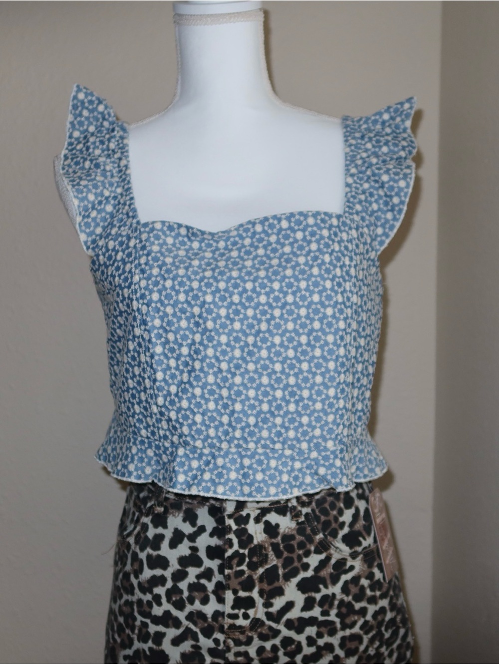 Blue Floral Ruffle Strap Crop Top